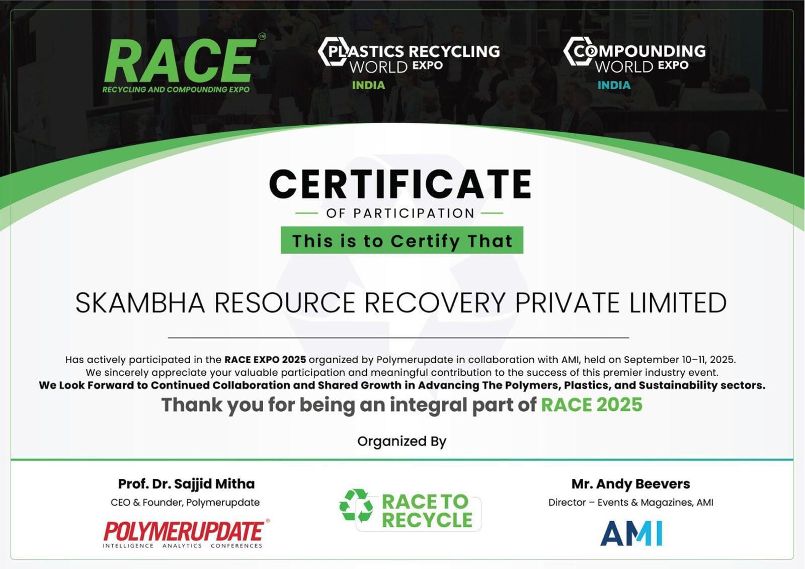 RACE Expo Mumbai Certificate